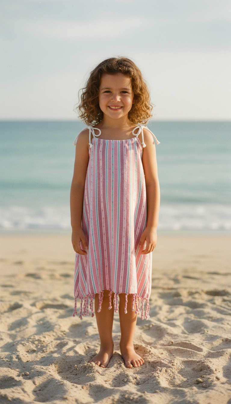Young girl in a pink striped dress with tassels and tied shoulder straps standing on a sandy beach with ocean in the background