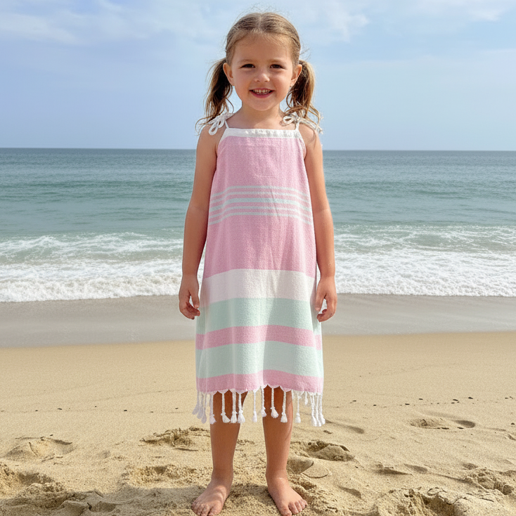Young girl in a pink, green and white striped dress with tassels standing on a sandy beach with ocean and sky in the background