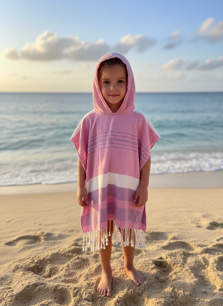 Child wearing a pink hooded poncho on a beach with ocean in the background