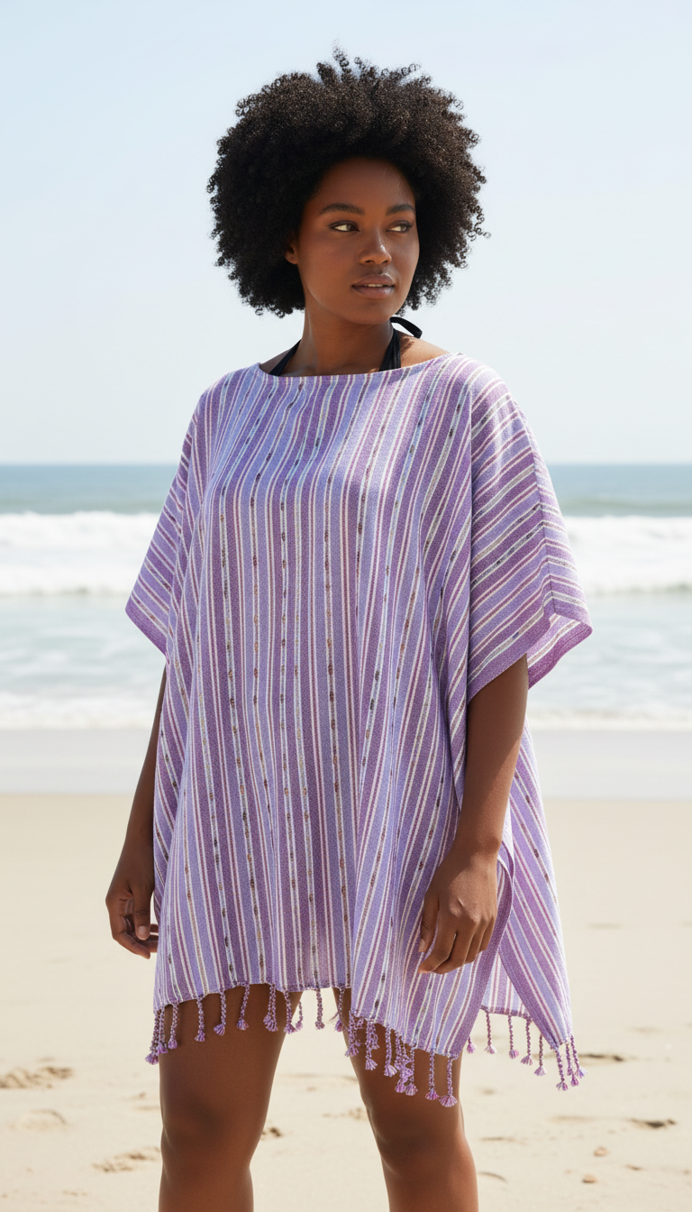 Woman wearing a purple striped cover-up on a beach