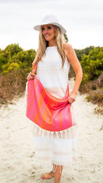 Make It Mine Isle of Palms Orange Pink Striped Beachable Bag