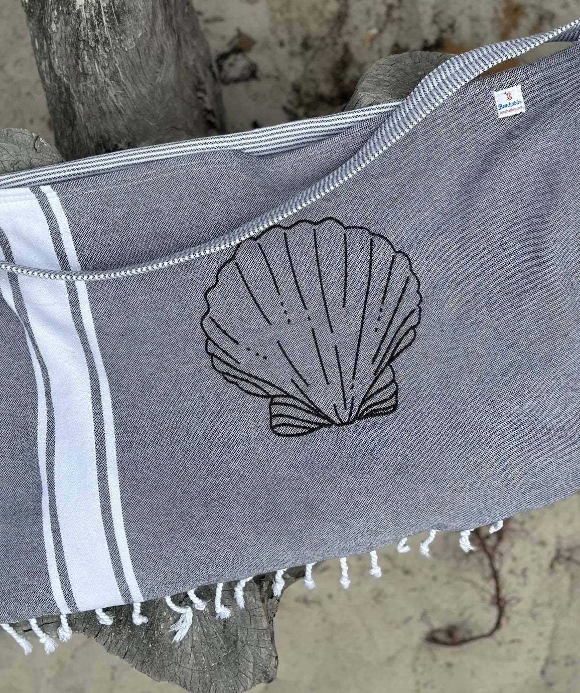Embroidered 3 in 1 Turkish Cotton Beach Bag in Charcoal with a black shell embroidered on front