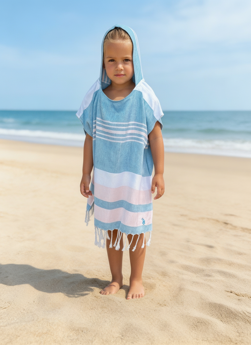 Child wearing a blue and white striped poncho on a sandy beach with ocean in the background