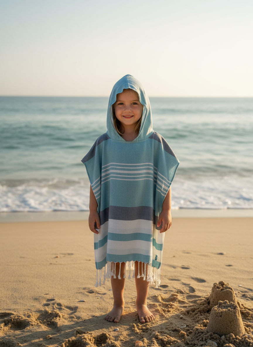 Child wearing a hooded poncho on a beach with ocean in the background