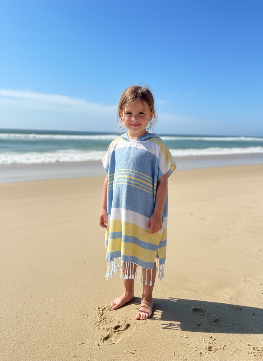 Child wearing a striped poncho on a sandy beach with ocean waves in the background