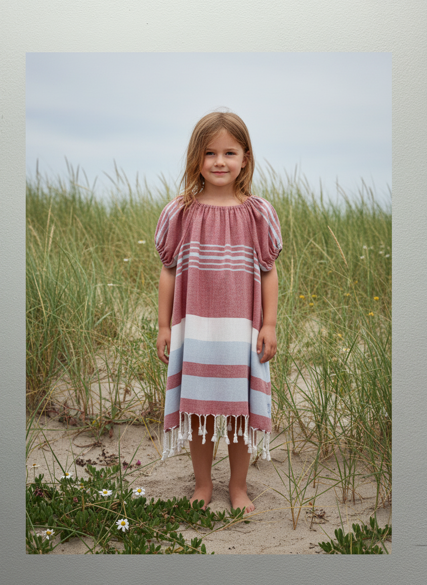 Young girl in a red white and blue striped dress with tassels standing  near sand dunes