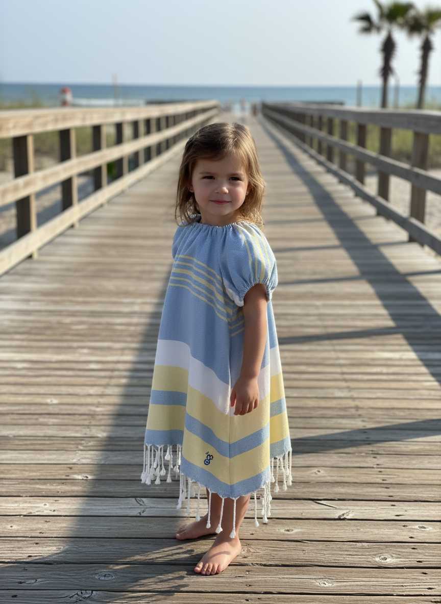 Young girl in a blue white and yellow striped dress with tassels standing on a wooden boardwalk by the beach.