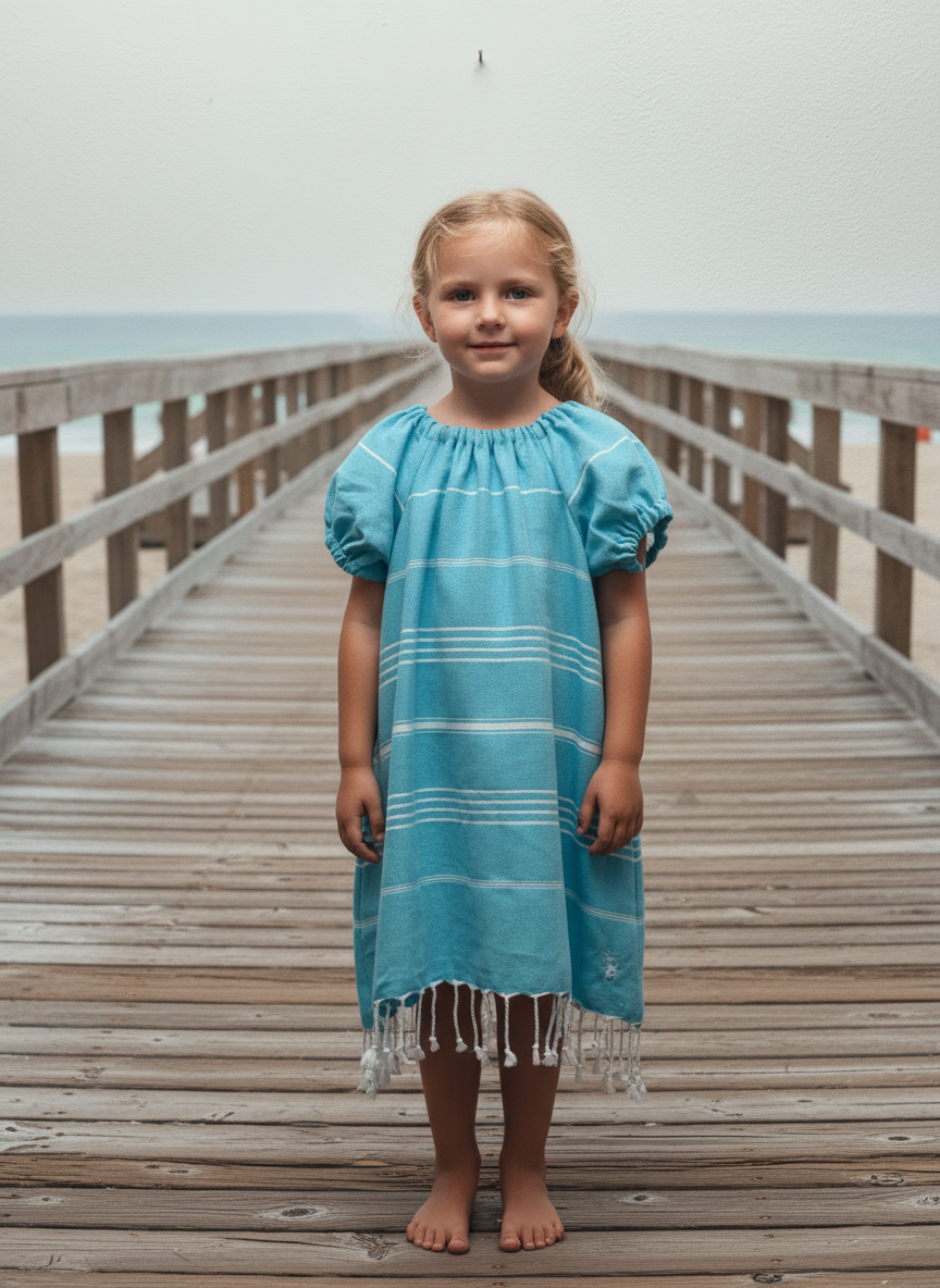 Young girl in a blue dress with white stripes and white tassels standing on a wooden pier.