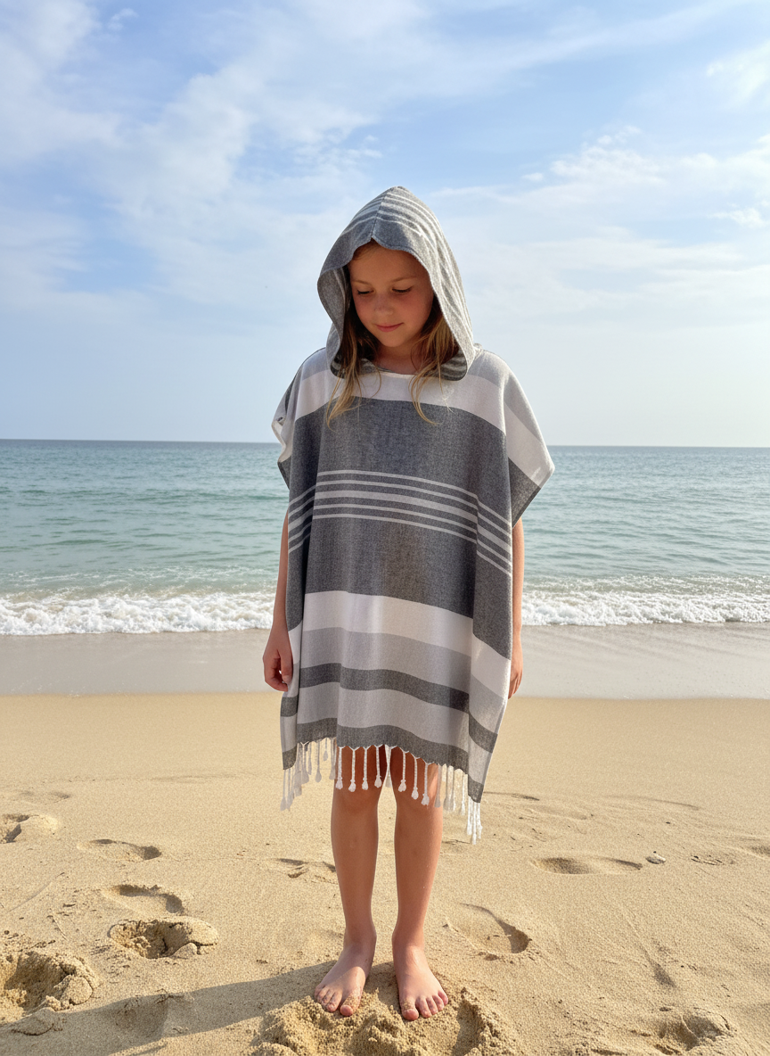 Child wearing a striped hooded poncho with tassels on a beach with ocean in the background