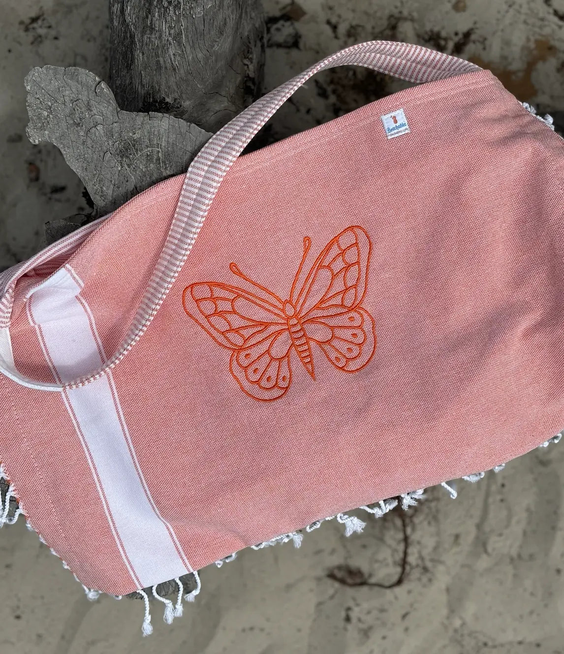 Coral 3 in 1 beach bag with butterfly embroidery design in coral thread