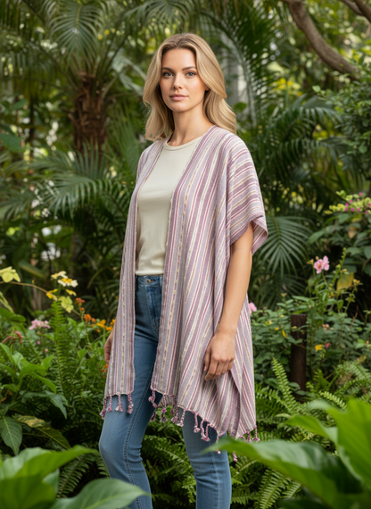 Woman wearing a striped kimono in a garden setting