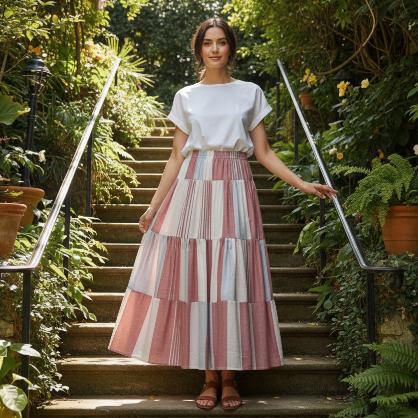 Woman in a white top with red and white striped skirt standing on garden steps surrounded by greenery