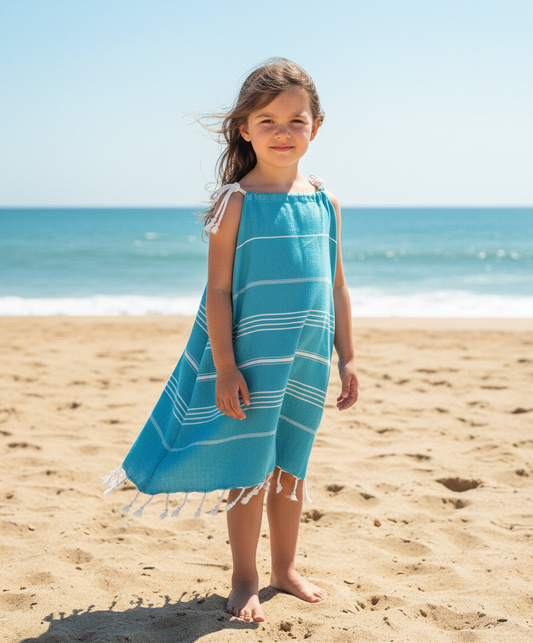 Young girl in a blue dress with white stripes and white tassels standing on a sandy beach with ocean in the background