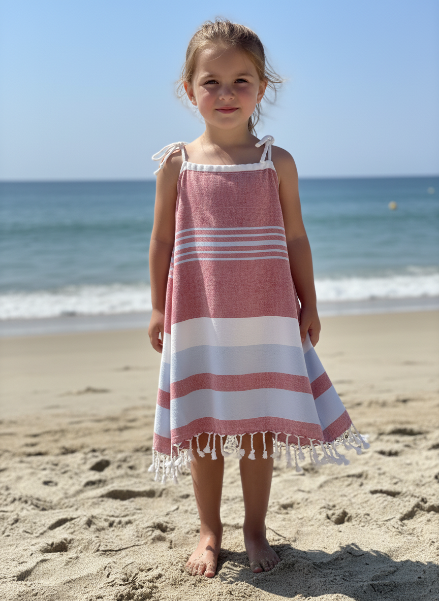 Young girl in a red, blue and white striped dress with tassels and tied should straps standing on a sandy beach with ocean in the background
