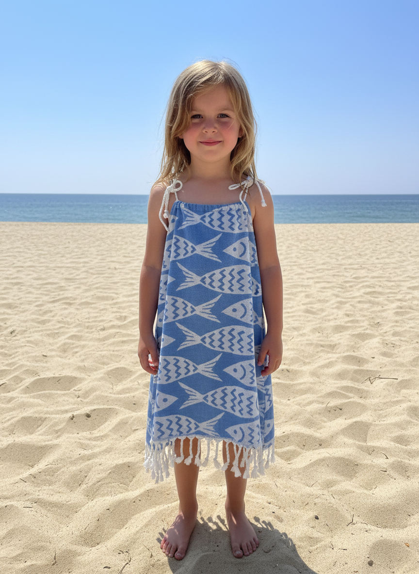 Young girl in a blue dress with white fish pattern and tassels standing on a sandy beach with ocean in the background.