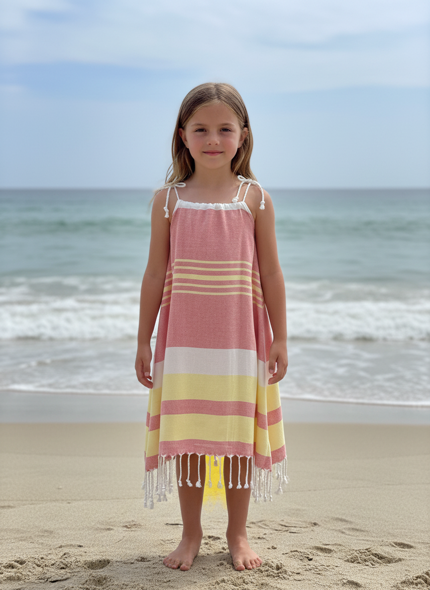 Young girl in a red, yellow and white striped dress with tassels standing on a beach with ocean in the background