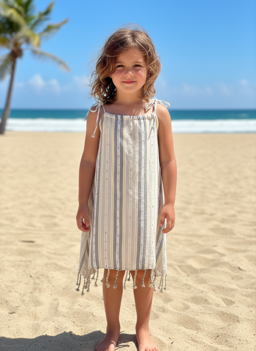 Young girl in a tan striped cover-up dress with tassels and tied shoulder straps  standing on a sandy beach with palm trees and ocean in the background.