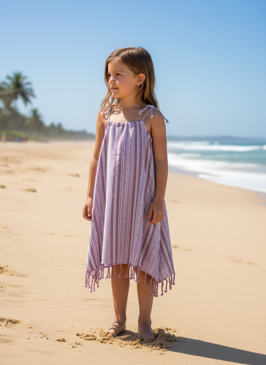 Young girl in a  purple striped dress with tassels and tied shoulder straps standing on a sandy beach with ocean and palm trees in the background.