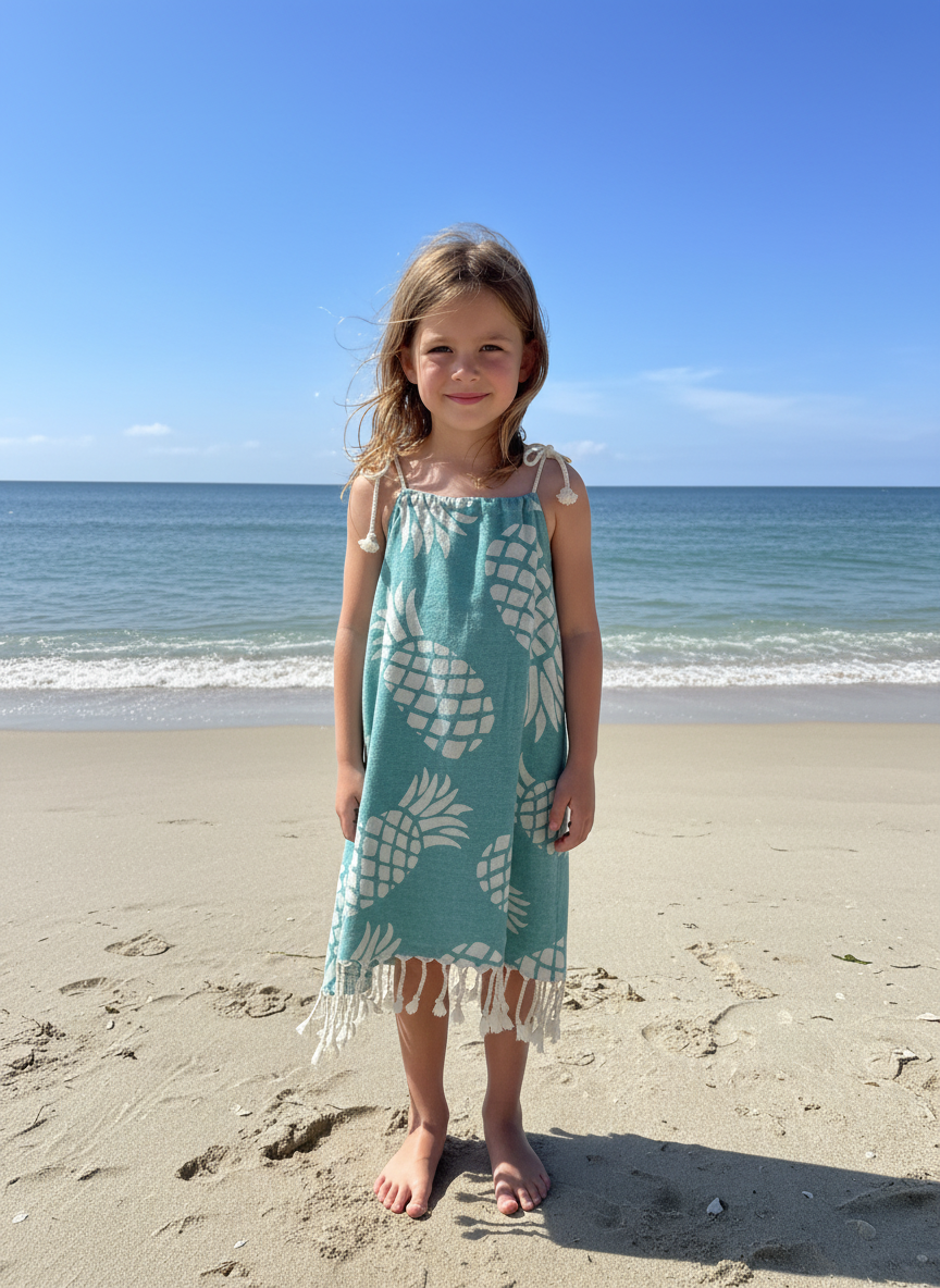 Young girl in a green pineapple print dress  with tassels and shoulder ties standing on a sandy beach with ocean in the background.