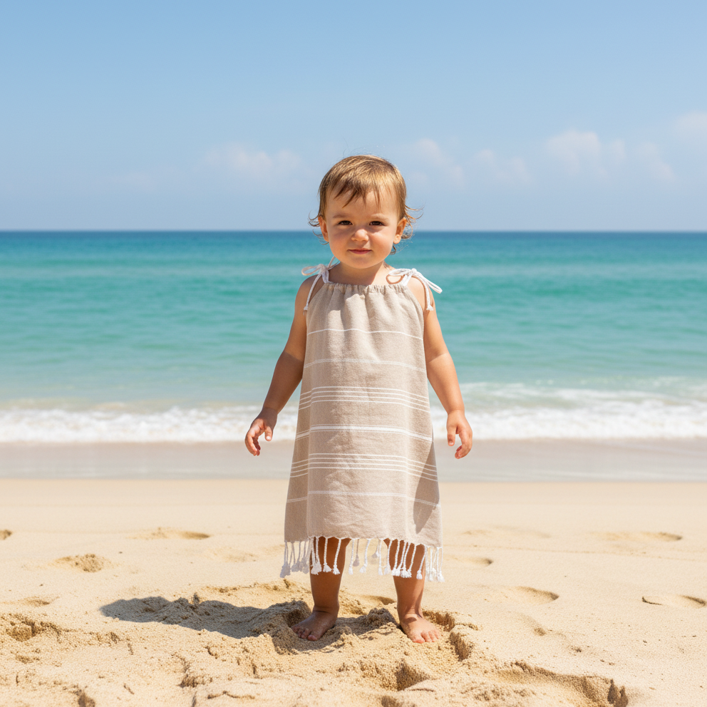 Child in a tan and white striped dress with tassels standing on a sandy beach with clear blue water and sky.