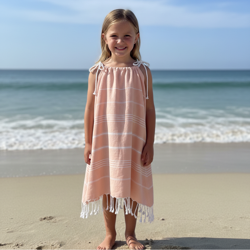 Young girl in a peach dress with white stripes and white tassels standing on a beach with ocean waves in the background