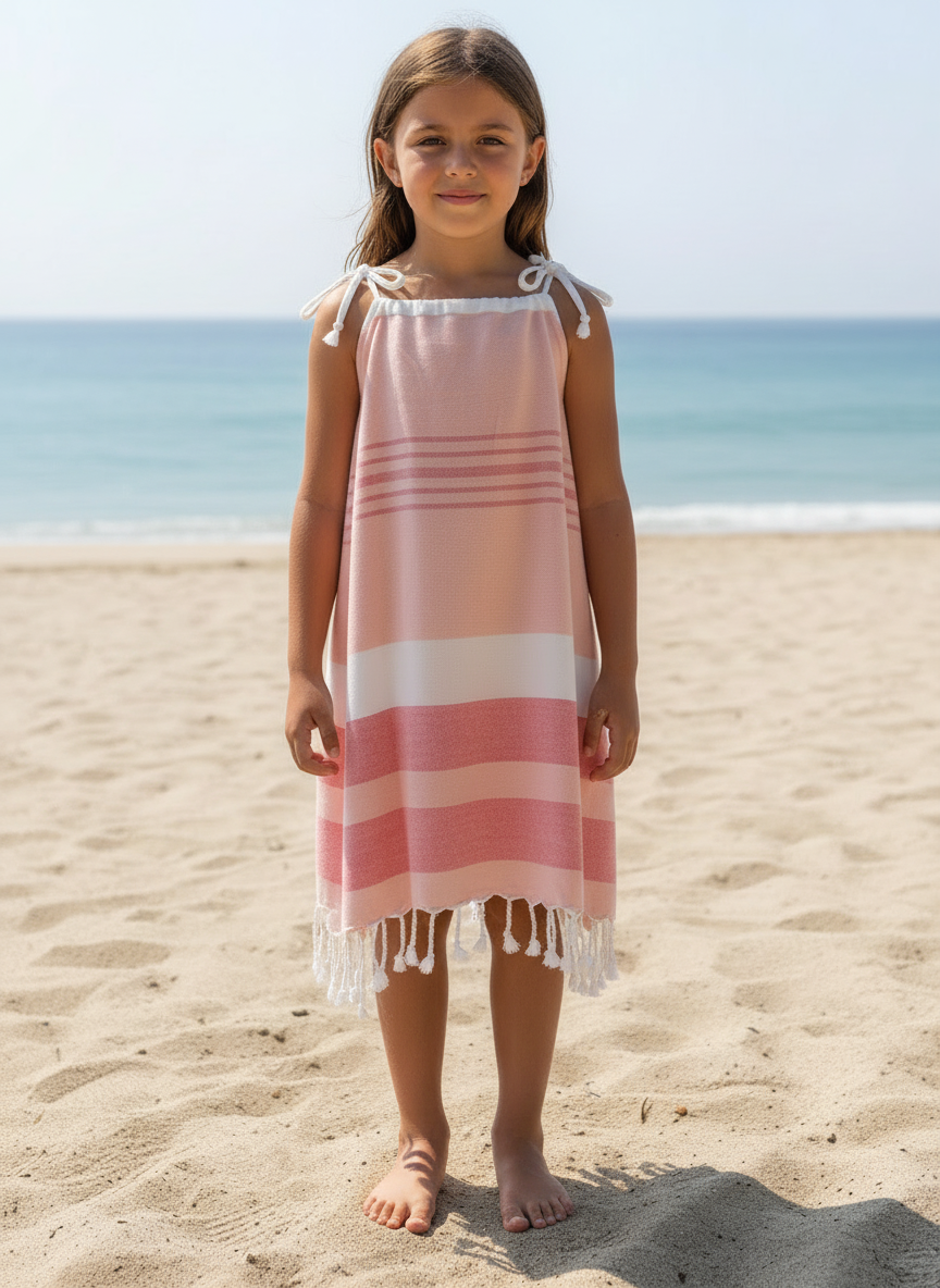 Young girl in a peach and white striped dress with tassels and tied shoulder straps standing on a sandy beach with ocean in the background