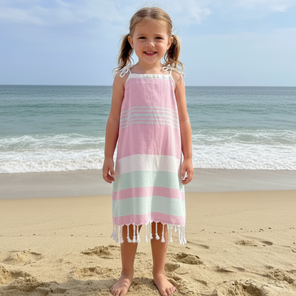 Young girl in a pink, green and white striped dress with tassels standing on a sandy beach with ocean and sky in the background