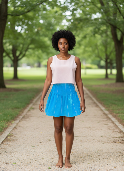 Woman in a pink top and blue skirt standing on a path in a park.