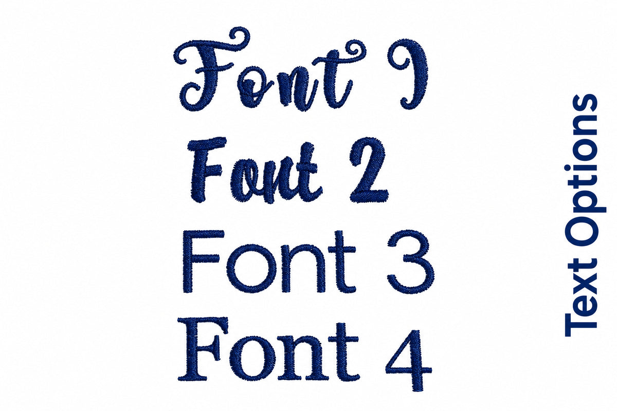 Four sample embroidery font styles labeled Font 1 through Font 4 in blue thread on a white fabric background.