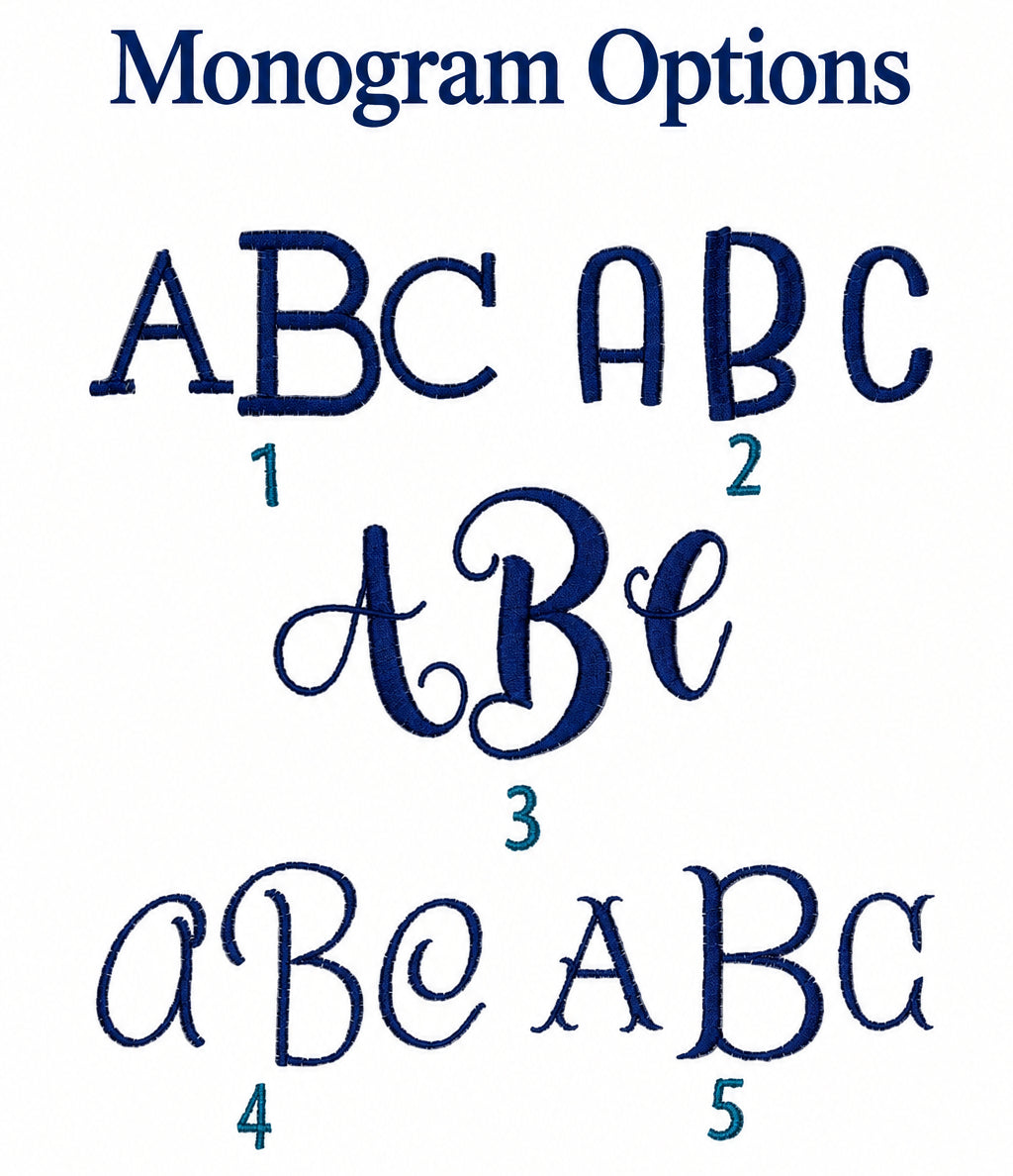 Close-up of embroidered lettering on white fabric, showing uppercase and lowercase script letters in dark blue with small numbered labels beneath each style.