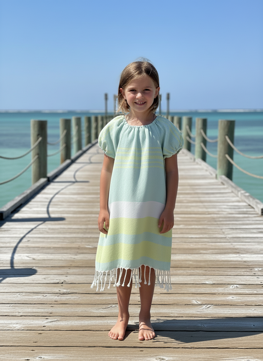Young girl in a green and white striped dress with tassels standing on a wooden dock by the water.