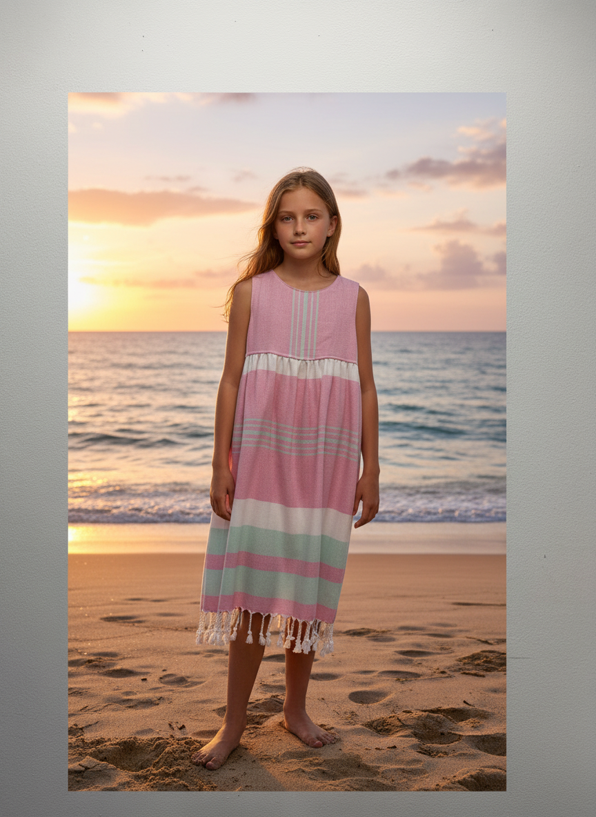 Young girl in a pink, green and white striped dress standing on a beach at sunset.