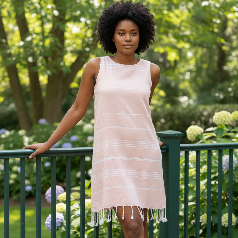 Woman in a light peach dress standing outdoors with greenery in the background