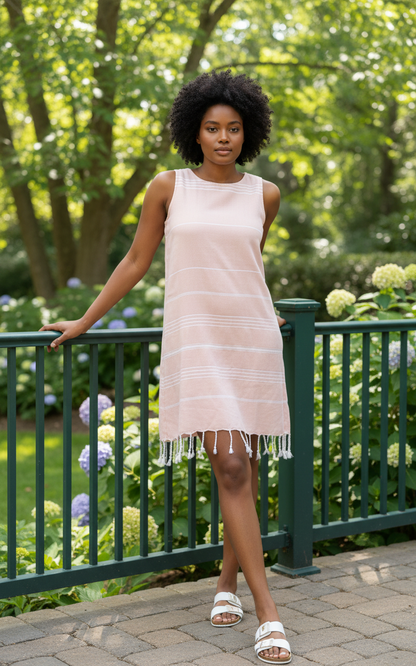 Woman in a light peach dress standing outdoors with greenery in the background
