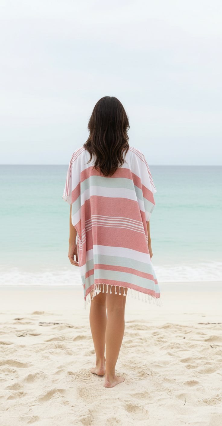 Woman wearing a red, blue and white striped beach cover-up standing on a sandy beach with ocean view