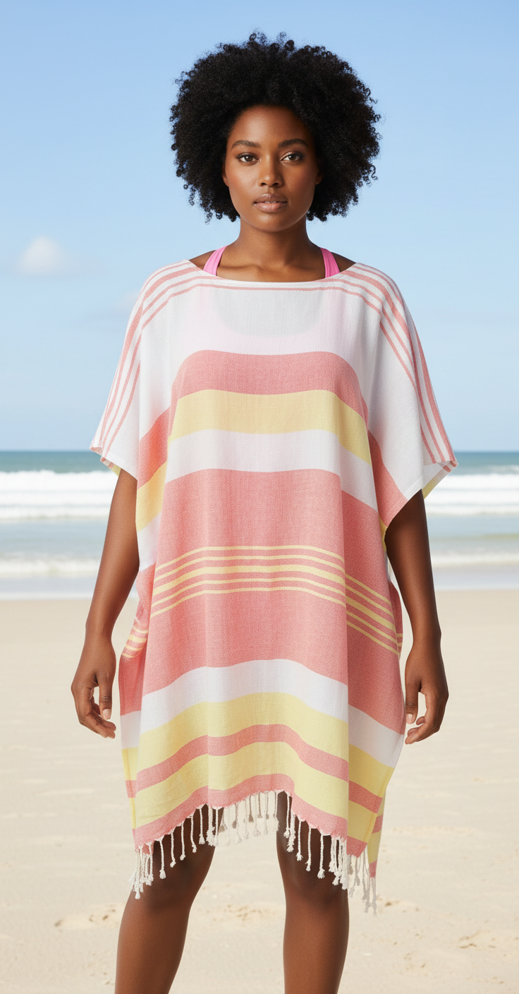 Woman wearing a red, yellow and white striped beach cover-up on a sandy beach with ocean view