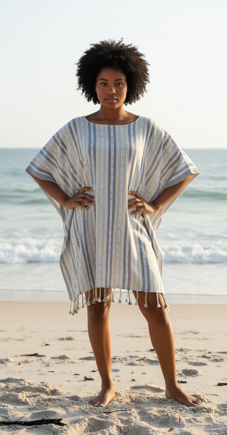 Woman wearing a tan striped beach cover-up on a sandy beach with ocean in the background