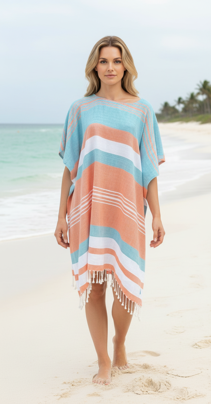 Woman wearing a colorful striped cover-up on a beach