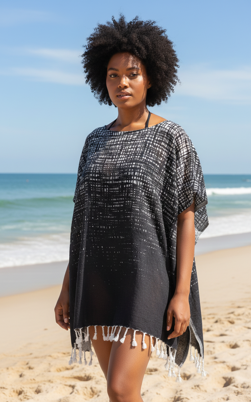 Woman wearing a black and white patterned cover-up on a beach