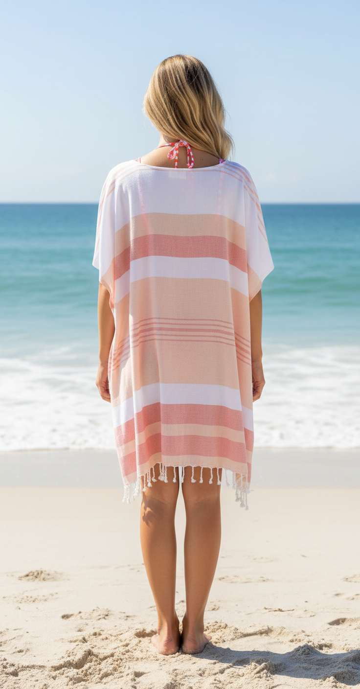 Woman standing on a beach wearing a striped cover-up with a clear blue sky and ocean in the background.
