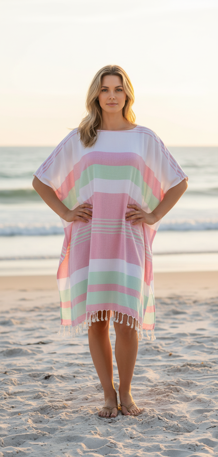 Woman wearing a pink, green and white striped beach cover-up on a sandy beach with ocean in the background