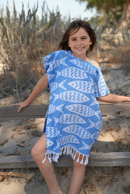 Kid Sun Poncho in Blue Fish