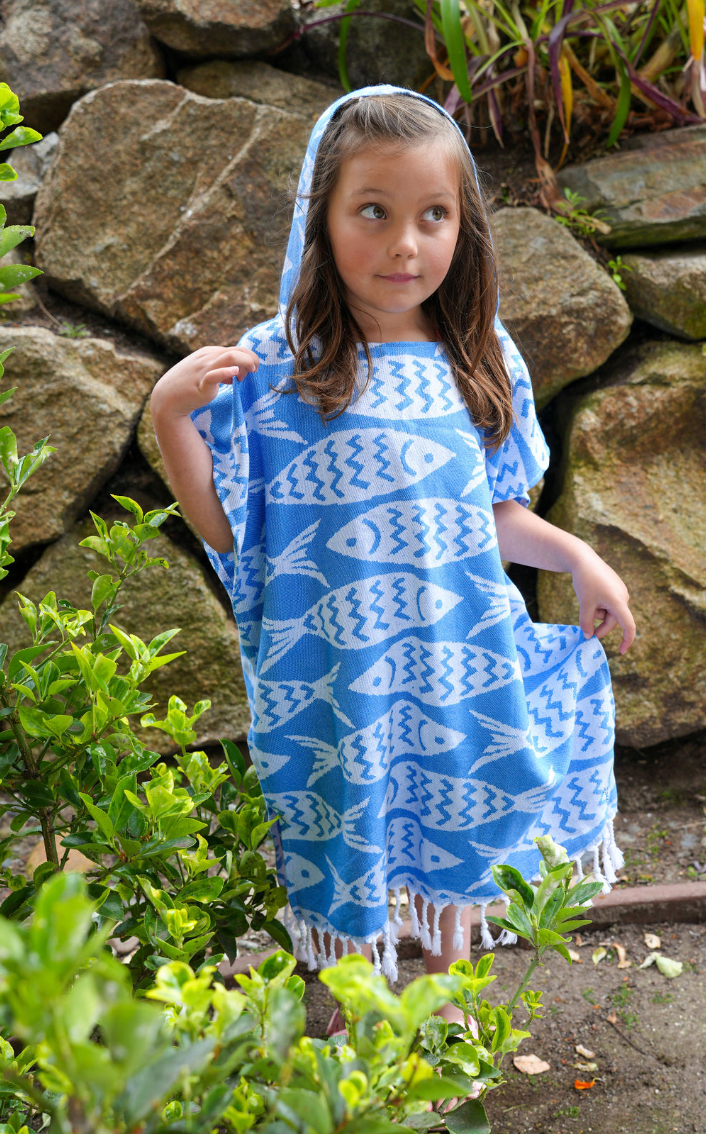 Kid Sun Poncho in Blue Fish