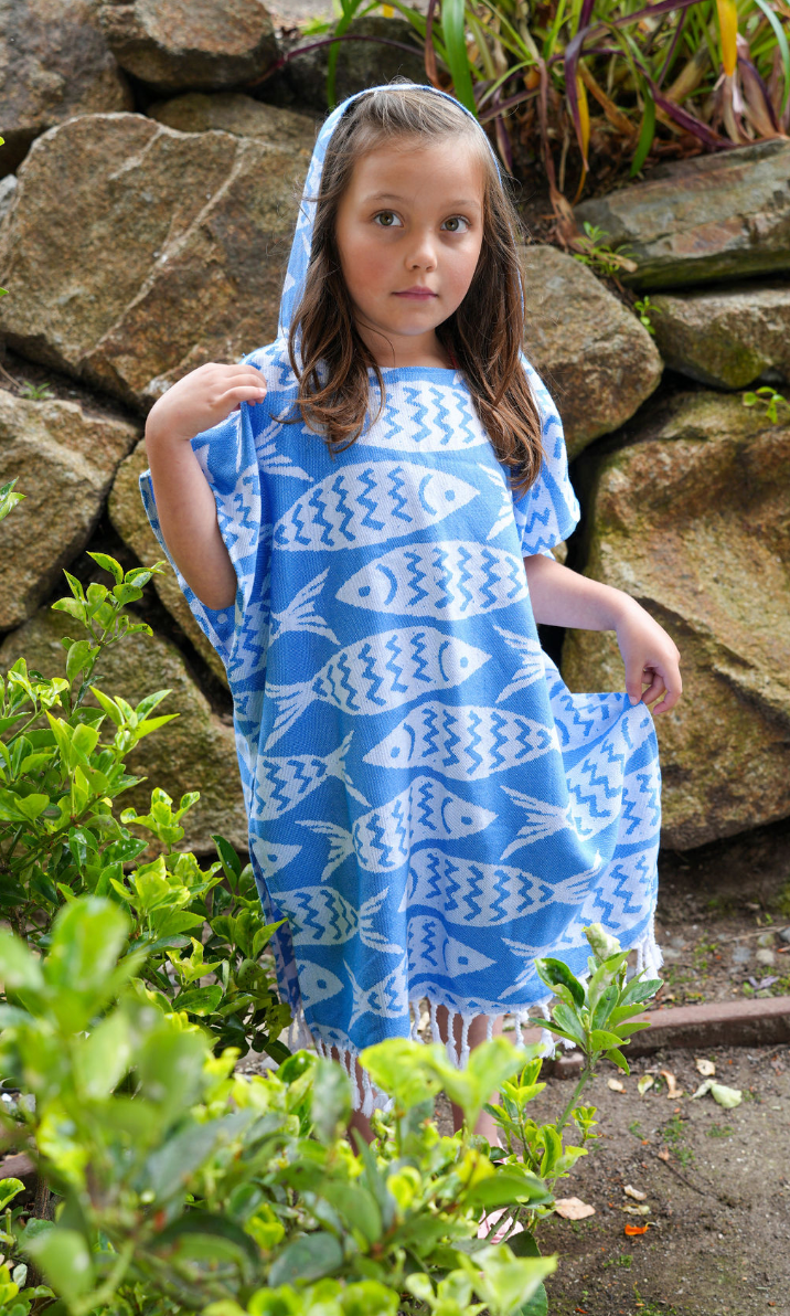 Kid Sun Poncho in Blue Fish