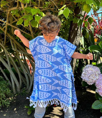 Kid Sun Poncho in Blue Fish