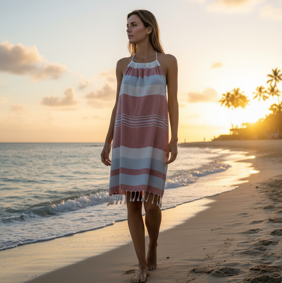 Woman in a red white and blue striped dress with tassels standing on a beach at sunset