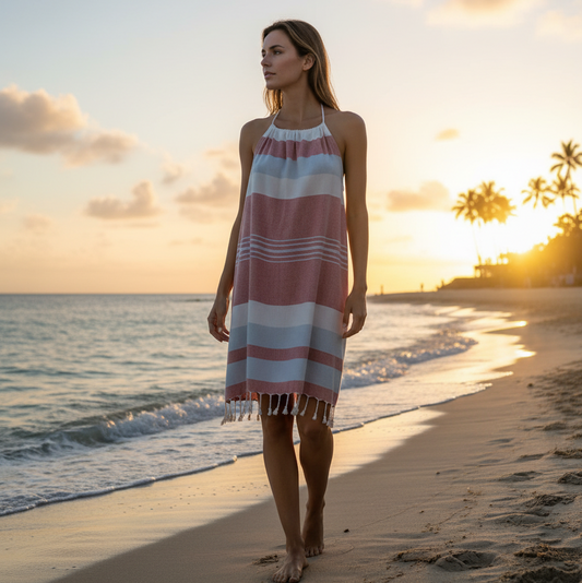 Woman in a red white and blue striped dress with tassels standing on a beach at sunset
