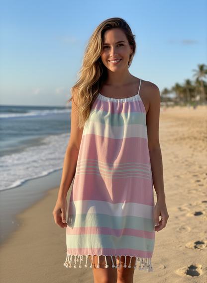 Woman wearing a pink mint and white striped dress with tassels on a beach with ocean and sky in the background