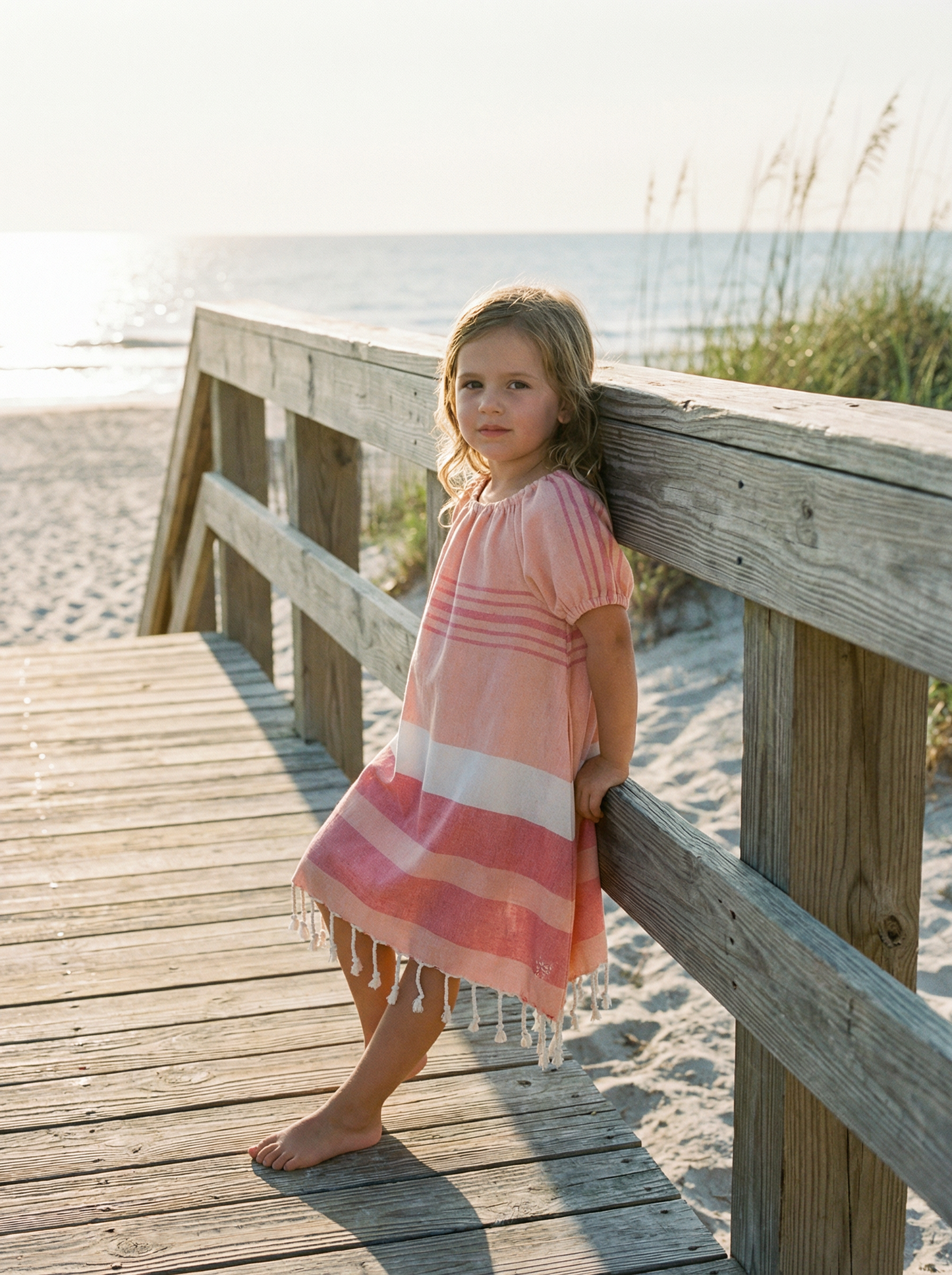 Young girl in a peach and white striped dress with tassels standing on a wooden boardwalk by the beach.