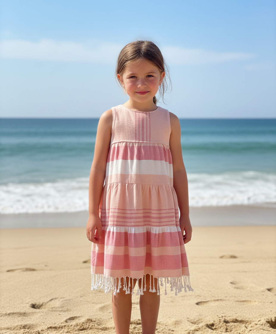 Young girl in a three tiered peach, coral, and white striped dress with tassels standing on a beach with ocean in the background